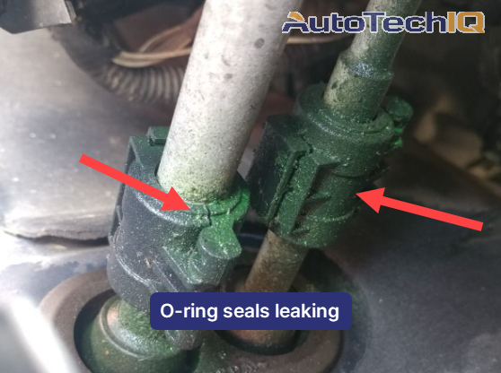 A quick inspection can reveal leaking areas, like in this case, where the O-ring seals are leaking