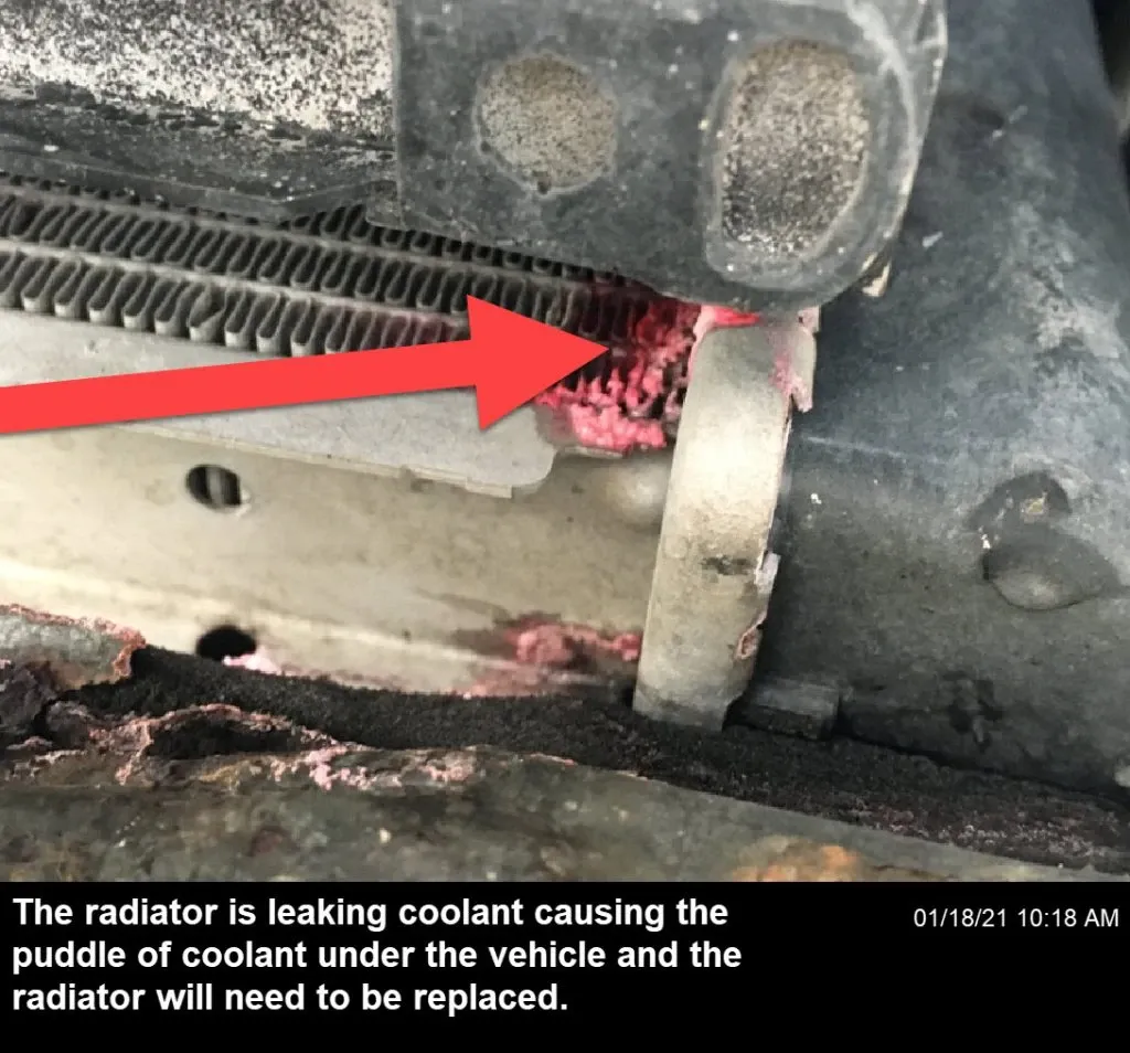 The radiator is leaking coolant, causing fluid loss, resulting in engine overheating.